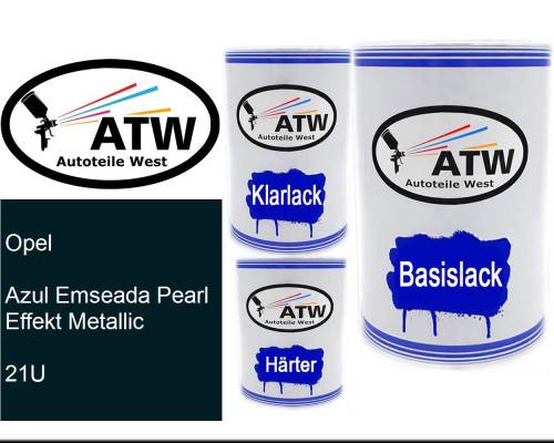 Opel, Azul Emseada Pearl Effekt Metallic, 21U: 500ml Lackdose + 500ml Klarlack + 250ml Härter - Set, von ATW Autoteile West.